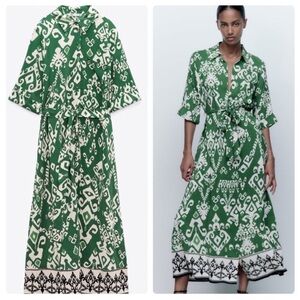 Zara Long Printed Shirt Viscose Dress Green White Maxi Size XS